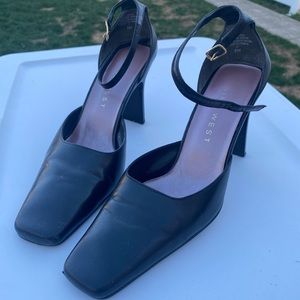 Vintage Leather Nine West Square Toe Kitten Heel Ankle Strap